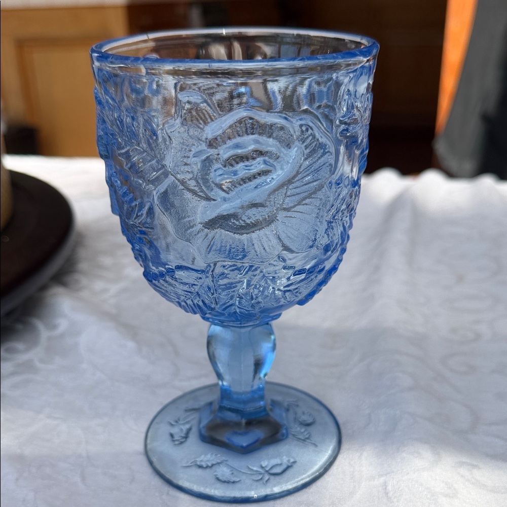 Fenton Blue Pressed Glass Rose Pattern Goblet from Madonna Inn 9oz 6.5”